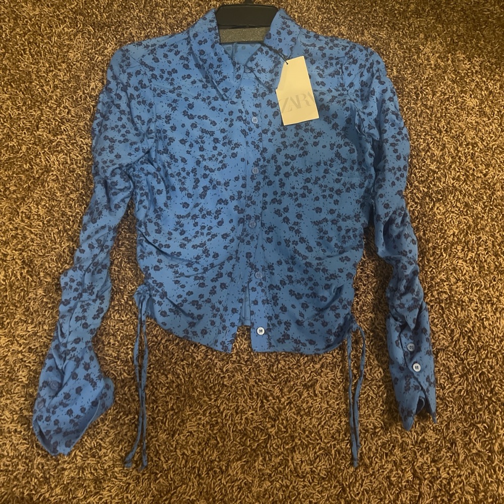 Zara Blue Ruched Button Down Shirt with Notched Collar